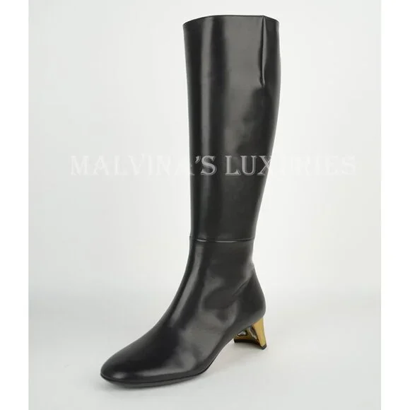 GUCCI BOOTS TALL ARIELLE GOLD MOON CRYSTAL HEEL BLACK LEATHER sz 37.5 7.5